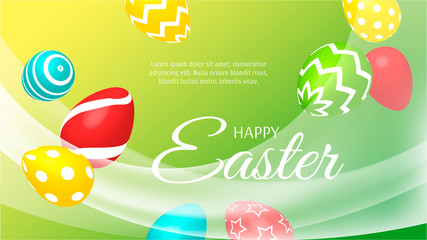 Happy Easter card with flying decorated eggs and transparent white waves on the green background. Vector illustration for card, postcard, poster, flyer, banner, sale, commercial.