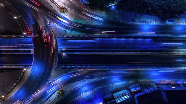 4K,Time lapse night traffic of the road or expressway, motorway and highway in the detail of Circle intersection 