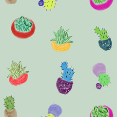 Seamless pattern with suculents and cactuses in colorful pots on grey background. Hand drawing. Home plants. Exotic plants. Print, packaging, wallpaper, textile, fabric design