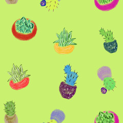Seamless pattern of succulents and cactuses in colorful pots on light green background. Hand drawing. Print, packaging, wallpaper, textile, fabric