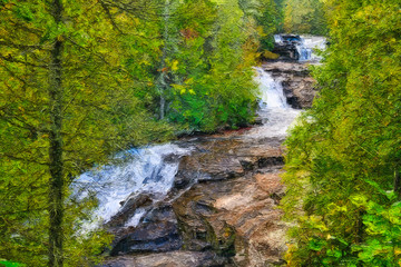 Impressionistic Style Artwork of an Autumn Waterfall