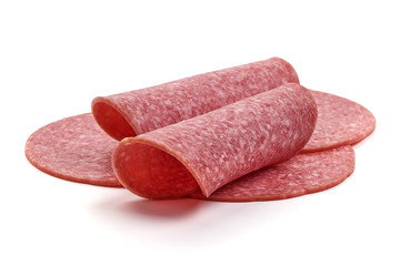 Thin salami sausage slices, isolated on white background