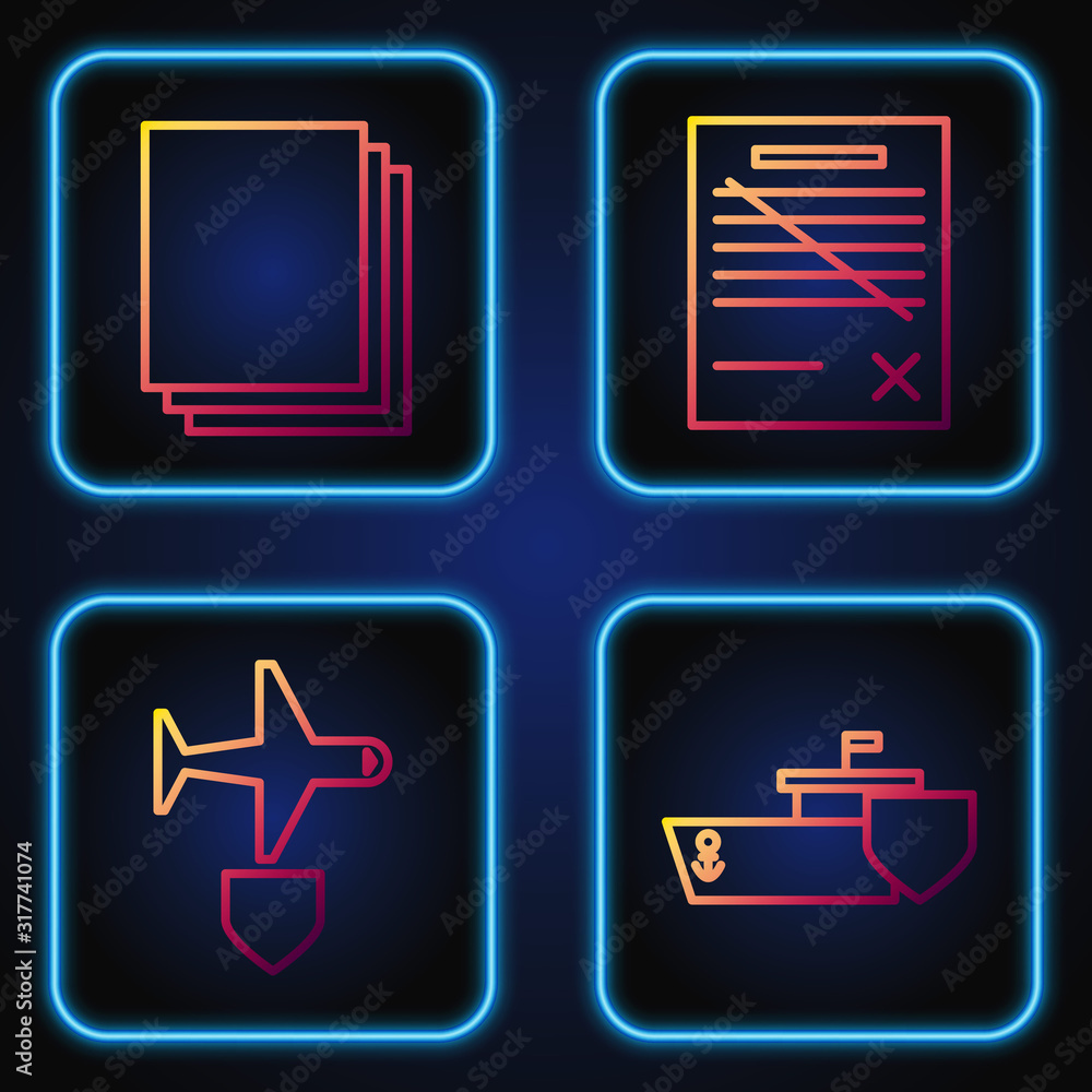 Poster set line ship with shield, plane with shield, clean paper and delete file document. gradient color i