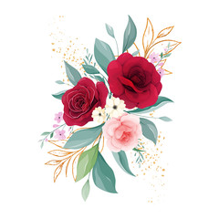 Floral arrangements of red and peach rose flowers, leaves, branches. Romantic botanic illustration elements for wedding, greeting, and valentine card design vector