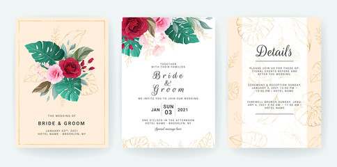 Fototapeta na wymiar Floral wedding invitation template design with roses, tropical leaves, and glitter. Botanic illustration for save the date, event, cover, poster, banner. Set of cards with flowers decoration vector