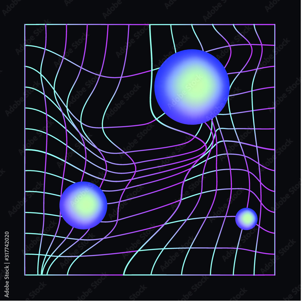 Poster laser grid with glowing neon spheres on dark background. vaporwave and synthwave style illustration.