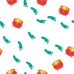 Seamless pattern with symbols for St. Patrick's Day. Collection with simple irish symbols. Green feet, red checkered with gold. Good luck. For greeting cards, textiles and wrapping paper.