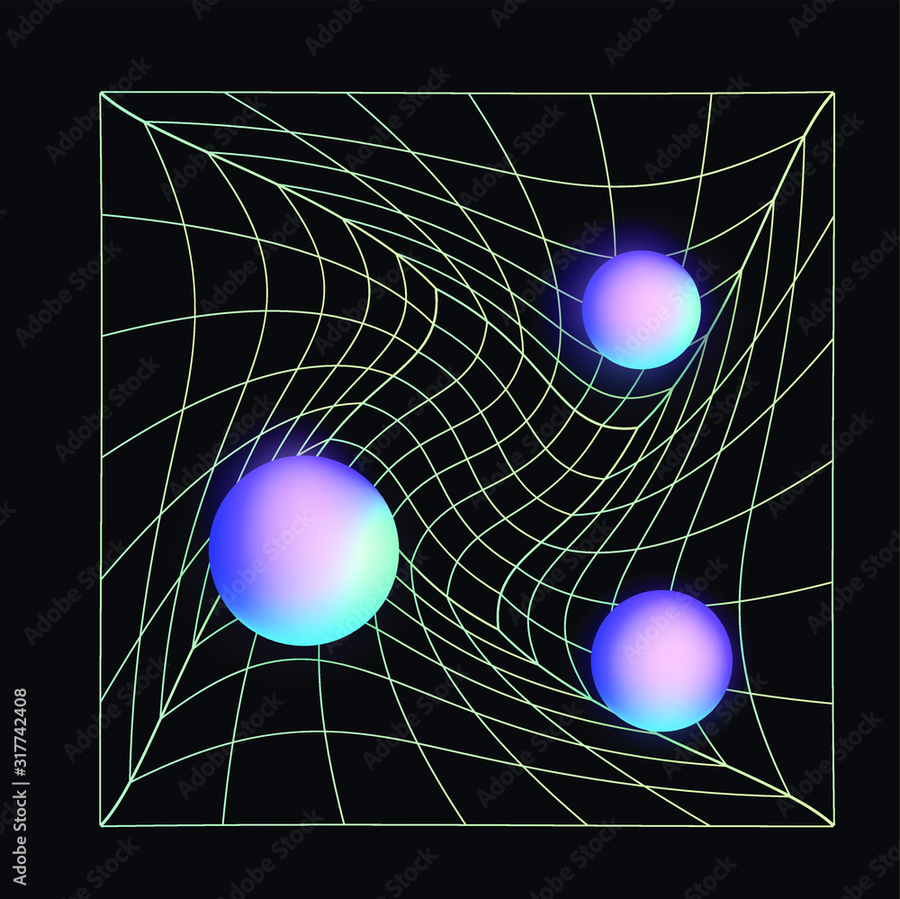 Poster laser grid with glowing neon spheres on dark background. vaporwave and synthwave style illustration.