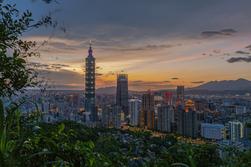 Panoramic picture over Taipei from Elephant mountain in the evening in summer
