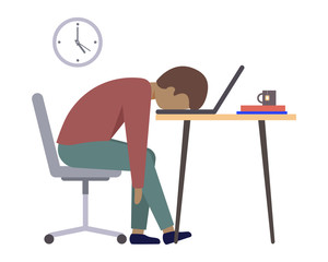 Professional burnout. A tired, exhausted person is sitting in the workplace. A character in the flat style