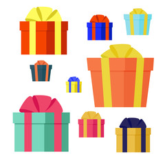 Gift wrapping. Set of colorful boxes with ribbons and bows. Illustration in the flat style.