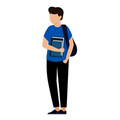 A man with a backpack is holding books. The student goes to class.