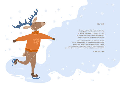 Festive cute deer ice skating with place for text.