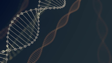Abstract blue glittering DNA double helix with depth of field. Animation of DNA construction from debrises 3d rendering. Science animation. Genom futuristic footage. Conceptual design of genetics