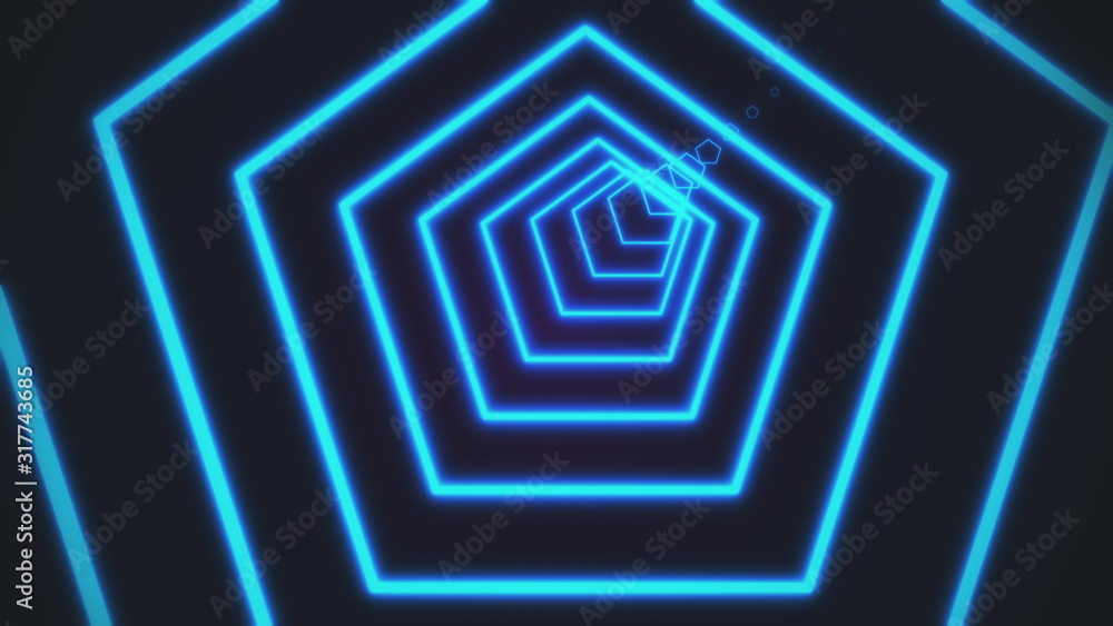 Aufkleber neon pentagon tunnel abstract motion background. pentagon composed of vivid azure lines and camera m