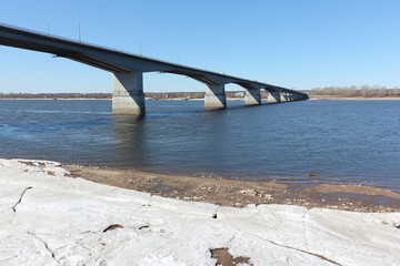 View of the automobile bridge over the Kama River, Perm city, Russia