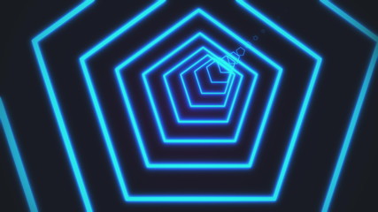 Neon pentagon tunnel abstract motion background. pentagon composed of vivid azure lines and camera moving through it on black background. 3D rendering 4k video.