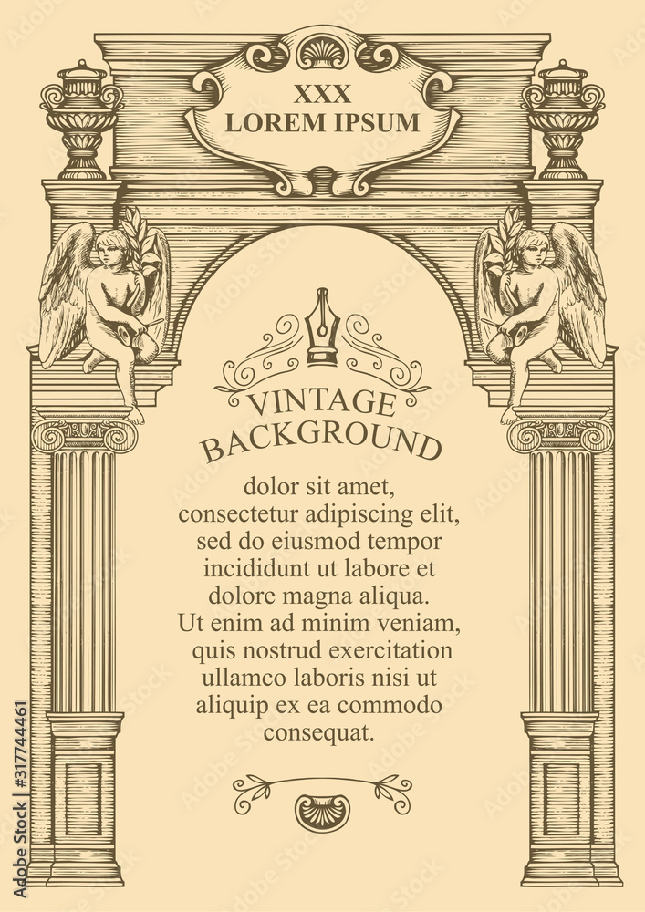 Poster vintage background or frame for a diploma or certificate in the form of the facade of an old buildin