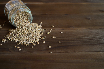 hemp seeds spilling out of the glass jar on a wooden background. space for text