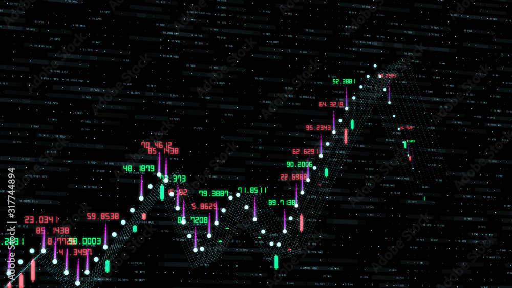 Poster financial graph and data showing a steady increase in profits, growing charts and flowing counters o