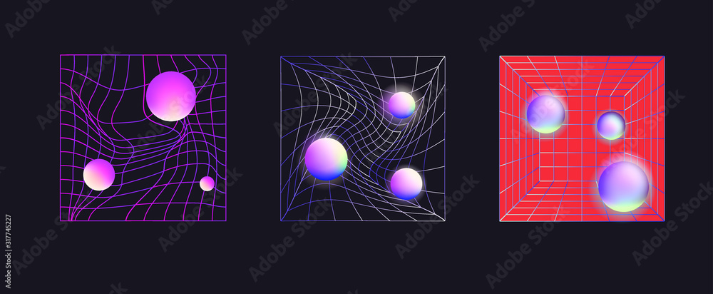 Poster set of retrofuturistic elements for design: laser grid with glowing neon spheres. vaporwave and synt