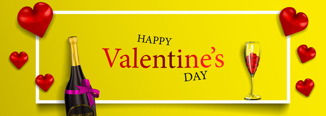 Happy Valentine's Day, modern horizontal banner with hearts, realistic bottle with a pink bow and a glass filled with hearts on a yellow background with a frame, vector illustration