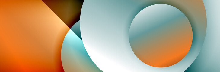 Dynamic trendy geometrical abstract background. Circles, round shapes 3d shadow effects and fluid gradients. Modern overlapping round forms