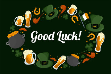 St. Patrick's Day symbols cute illustrations frame and text good luck. Postcard design concept