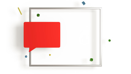 Social media comment icon, silver metallic frame isolated on white background, 3d illustration. Online messaging communication icon pin, network share button, abstract geometric shapes, red flat sign.