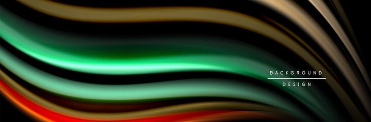 Silk and smooth flow wave poster design. Color waves, liquid style lines and shapes in black color background