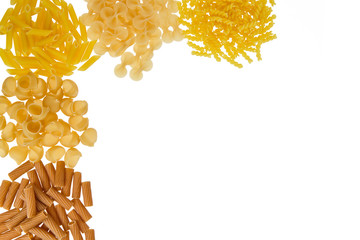 Overhead view of various kinds of pasta isolated on white
