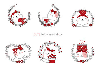 Cartoon sketch the lovely cat baby animals with flower. Valentines day with Hand drawn style.