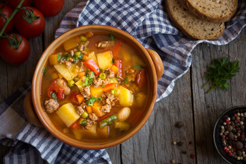 Delicious hamburger soup with meat and vegetables