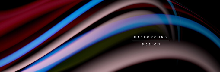 Сolorful flow poster. Wave liquid lines and shapes in black color background. Vector Illustration