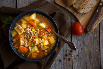Delicious hamburger soup with meat and vegetables