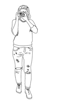 Contour drawing of a portrait of a woman holding a camera for shooting. Photographer concept minimalism design with free space for your text.