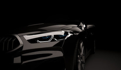 Stylish car on a black background with led lights on. Futuristic modern vehicle head light xenon on dark. 3d render