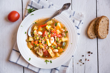 Delicious hamburger soup with meat and vegetables