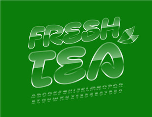 Vector glass logo Fresh Tea. Iced Stylish Font. Transparent Alphabet Letters and Numbers