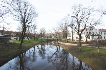 Fototapeta na wymiar Riga channel in winter frosty day. 