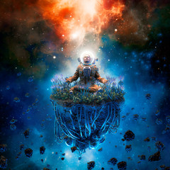 The cosmic gardener / 3D illustration of surreal science fiction scene with meditating astronaut on artificial asteroid surrounded by flowers © grandeduc
