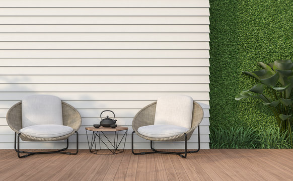 Empty wall exterior 3d render,There are white wood plank wall and wooden floor,decorate with rattan lounge chair, decorate wall with green plant.