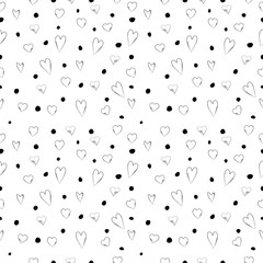 seamless  black and white abstract doodle heart and polka dot patterns