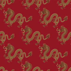 Seamless pattern of an Asian Chinese dragon on a red background. Vector image