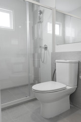 Naklejka na ściany i meble Clean bathroom with toilet and sink in modern house.