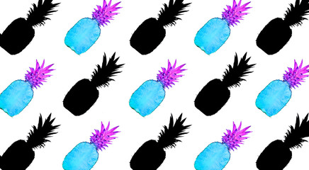 Fototapeta na wymiar Creative background of pineapple fruit unusual blue and pink colors and pineapple silhouettes isolated on white.