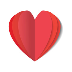 Isolated bright red heart in paper style on white background.