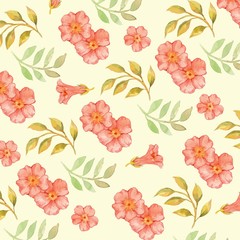 Vector Watercolor Trumpet Vine Floral Seamless Pattern 