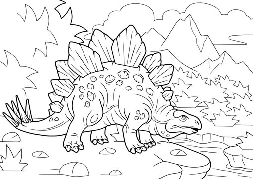 cartoon prehistoric stegosaurus dinosaur, coloring book, funny illustration