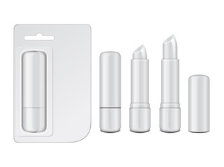 White glossy closed and opened lip balm stick, realistic hygienic lipstick with cardboard pack. Set of vector blank mockup, design template